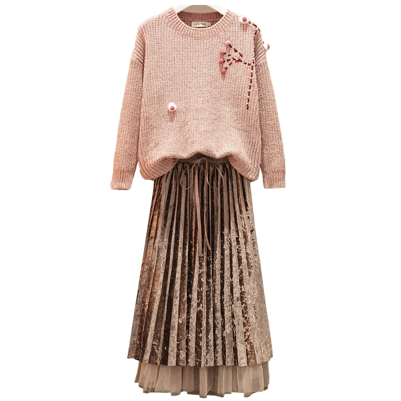 

ladies matching plus size winter autumn 2020 2 piece set women pink sweater long pleated skirts two pieces suits female A5846