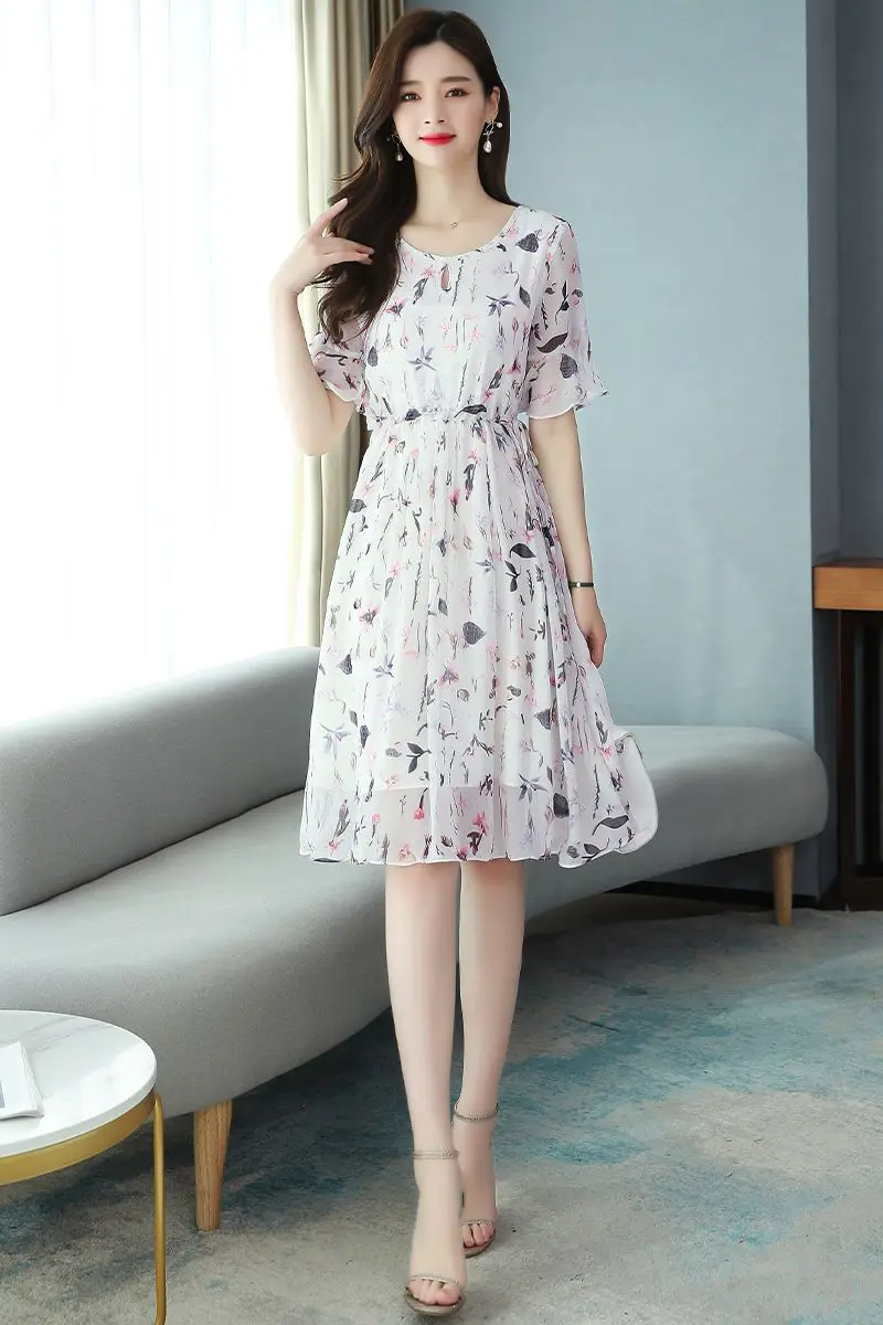 

COIGARSAM Women dress New Summer Chiffon Floral Print High Waist Dresses White 8988