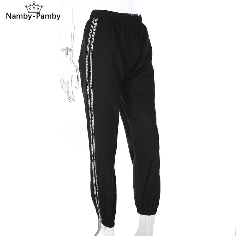 

Jogging Sweat Pants Women Streetwear Side Stripe Joggers Women Pants Black Harajuku Print High Waist Pants Loose Trousers