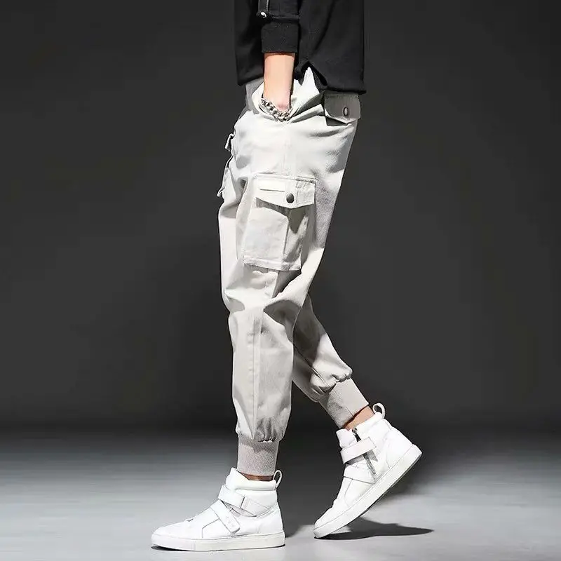 

2021 Men Multi-pocket Elastic Waist Design Harem Pant Street Punk Hip Hop Red Casual Trousers Joggers Male Army Cargo