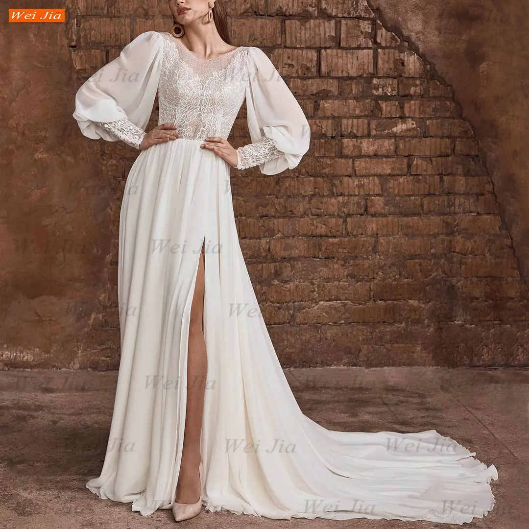 

Белое шифоновое свадебное платье, модель 2021 года, платье невесты с длинными рукавами-фонариками, выполненное по индивидуальному заказу, ТРА...