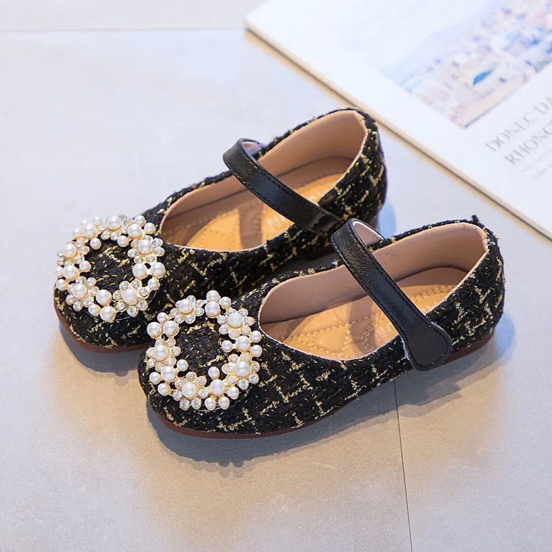 

Туфли детские с низким верхом, элегантная однотонная обувь принцессы, мягкая подошва, жемчужные цветы, повседневная обувь, весна