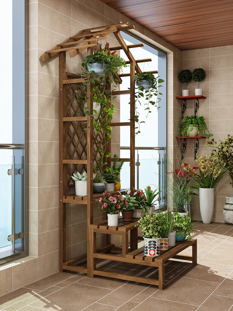 Floor flower stand wooden balcony flower rack solid wood flower rack indoor plant stand for living room flower pot plant rack