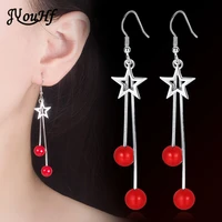 jyouhf korea fashion long tassel earrings for women simple elegant 8mm red pearl star dangle earring female jewelry oorbellen
