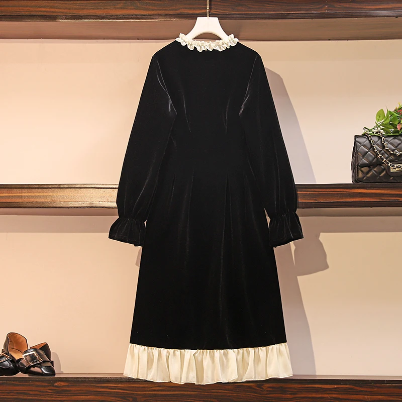 Женское бархатное офисное платье большого размера черное праздничное с длинным