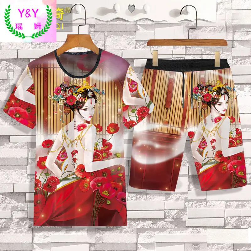 

Men's Beach Pants Summer Suit Large Size Men's Ethnic Trend Casual Sports Student Trend Personality Loose Short Sleeve Printing