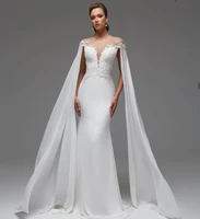 wedding dress mermaid with wrap sexy backless v neck chiffon fishtail women bridal gowns white for lady charming lace appliques