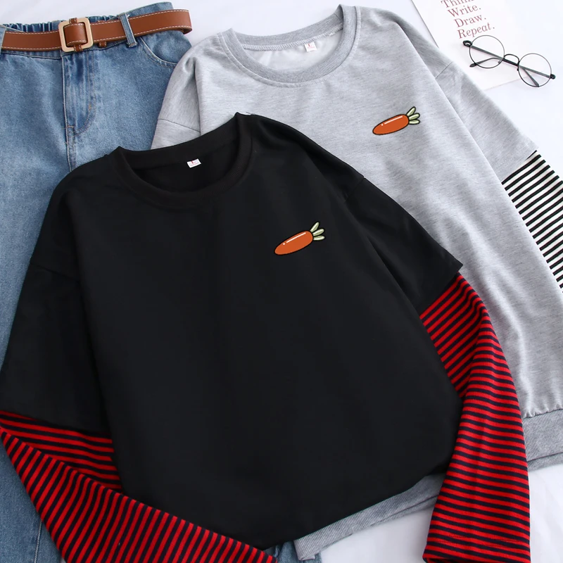 

Autumn New Fake Two Piece Men's Hoodies Harajuku Loose Large Size Kawaii Carrot Print Sweatshirt Men Women Fashion Pullovers