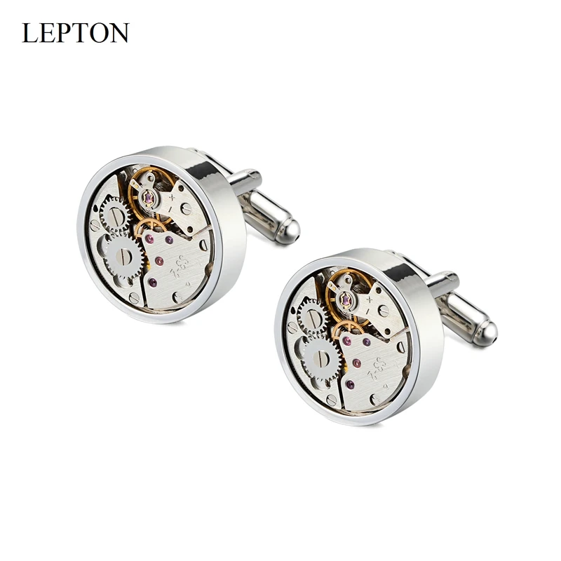 Lepton Watch Movement Cufflinks Wedding Groom Silver Color Round Steampunk Gear Watch Mechanism Cuff links for Mens Best Gift