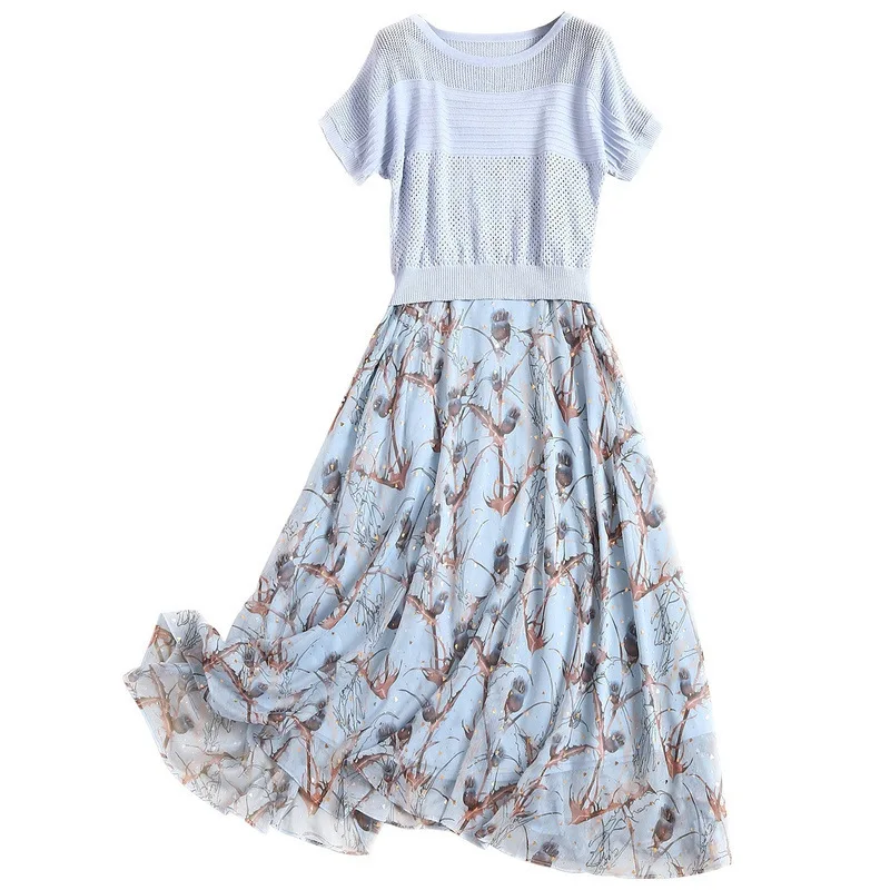 

Women summer dress new 2020 floral print plus size dresses sexy spaghetti strap + hollow out blue sweater two piece set