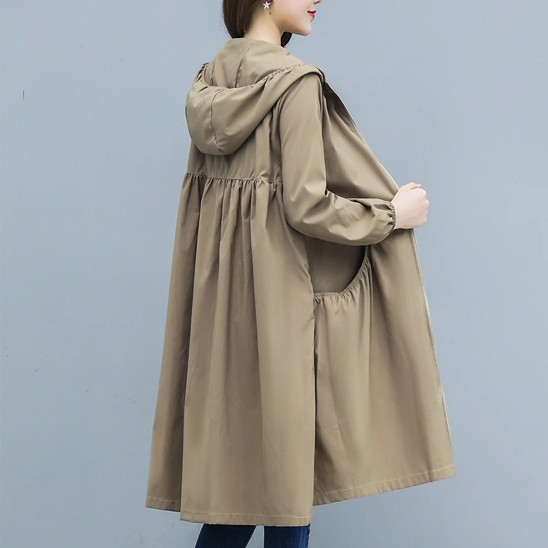 

Spring Autumn Thin Hooded Trench Coat Women Korean Oversize Loose Solid Long Windbreaker Women Overcoat Female Casaco Feminino