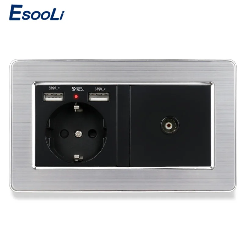 Esooli гнездо питания стандарта ЕС заземленная с женским ТВ разъемом 2100mA двойной USB