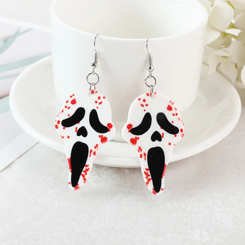 1Pair 50*31 MM Bloody Skull Head Drop Earrings Flatback Acrylic Creepy Halloween Gifts Jewelry 