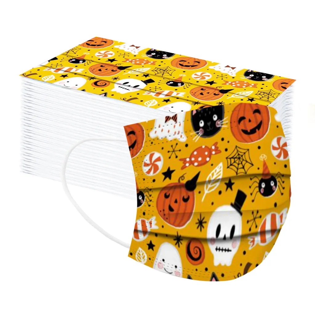 

50PCS Children's Face Mask Disposable Facemask Halloween Printed Dust Proof Cute Cartoon 3Ply Ear Loop Mouth Cover Maschere