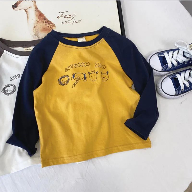 

Spring 2021 kids animal print loose t-shirts fashion children cotton cartton patchwork long sleeve Tee Tops