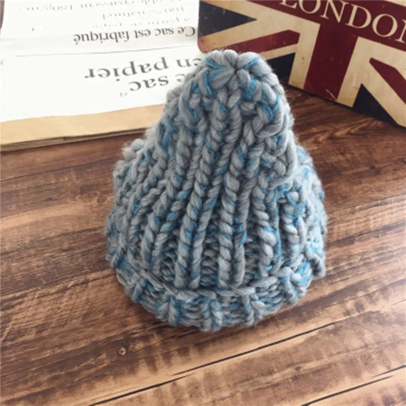 

Knitted Beanie Hat Triangular mixed color thick thread handmade thick needle colored mohair curling girls autumn and winter warm