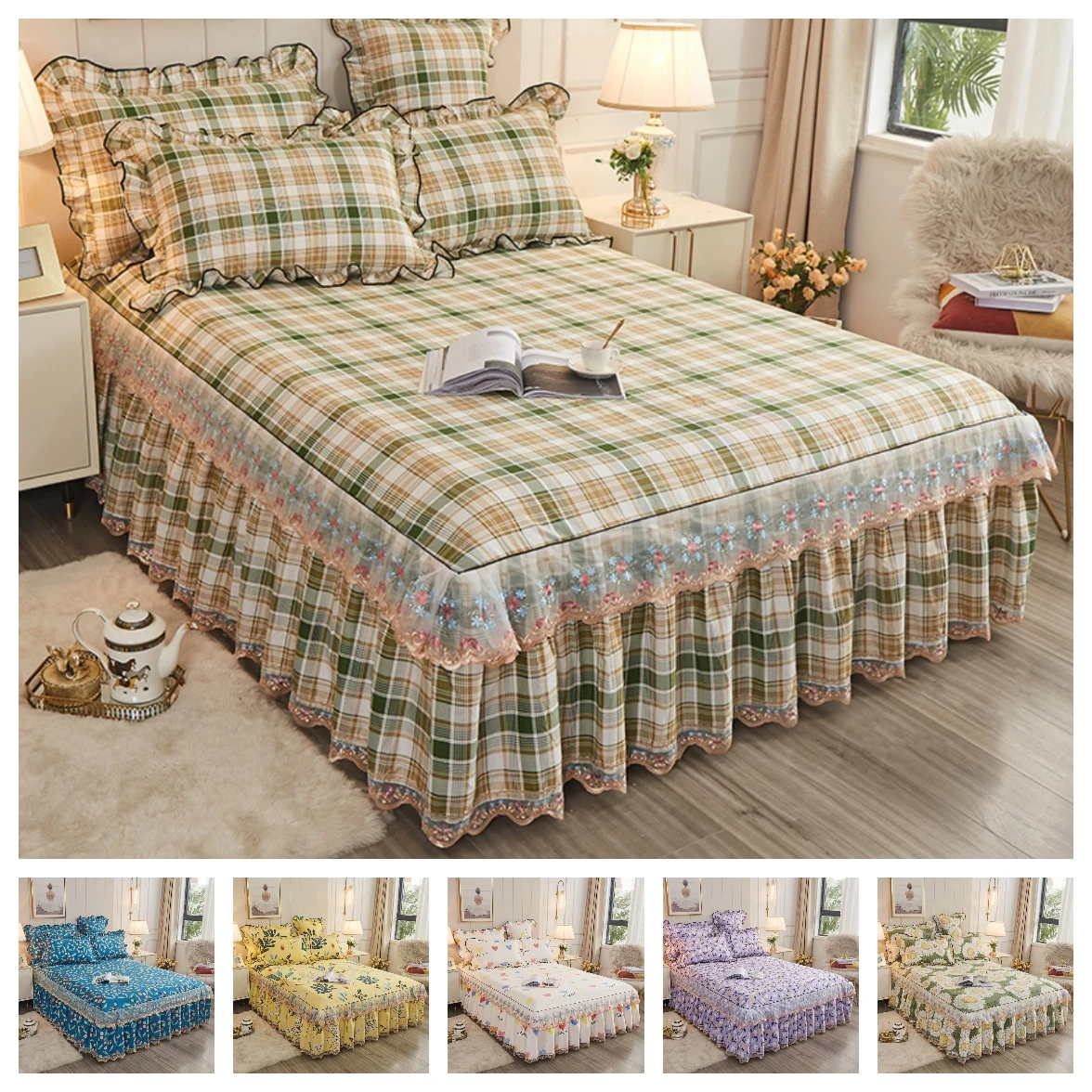 

Hot Style Luxury Europe Princess Bedding Bed Skirt Set Pillowcases Cotton Lace Bed Sheets Mattress Cover King Queen Twin