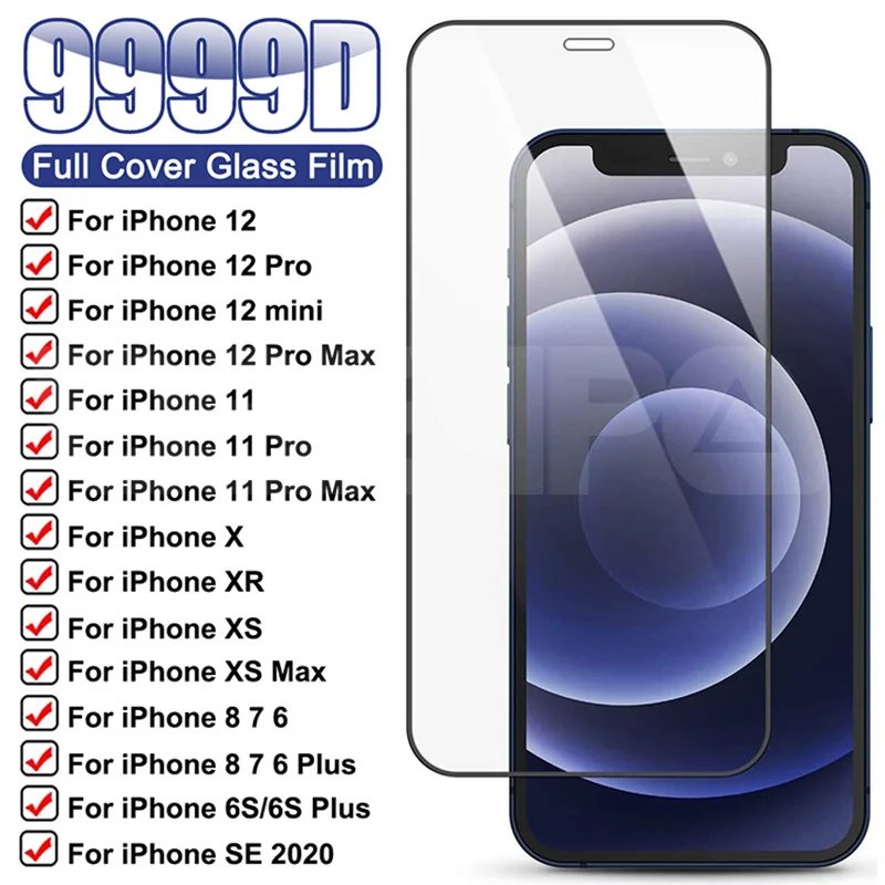 

Защитное стекло 9999D для Apple iPhone 12 mini 11 Pro Max X XS XR 7 8 6 6S Plus SE2