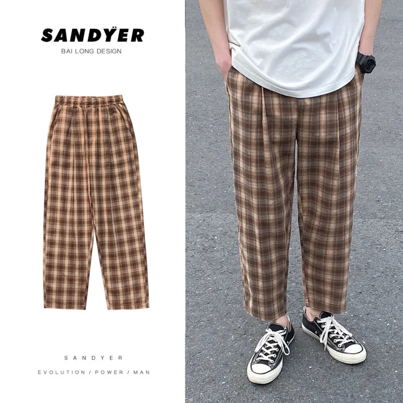 Брюки мужские тонкие в клетку модные прямые Хлопковые Штаны ретро стиле уличная