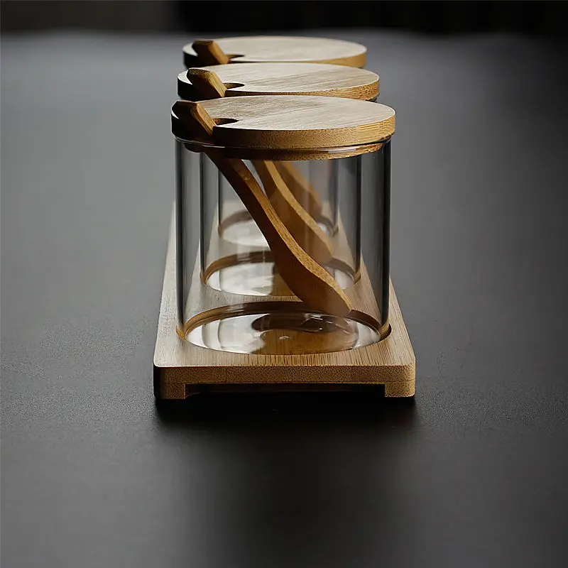 

Kitchen Straight Glass Seasoning Jar Set Household Glass Seasoning Box Seasoning Bottle Salt Shaker Bamboo Cover Three-piece
