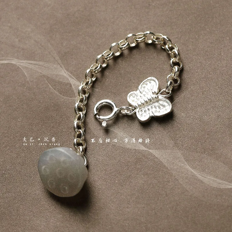 

Chinese Style Classical Design Elegant 925 Sterling Silver Ring Adjustable Smoke Mauve Jade Lotus Seedpod Pendant Gift