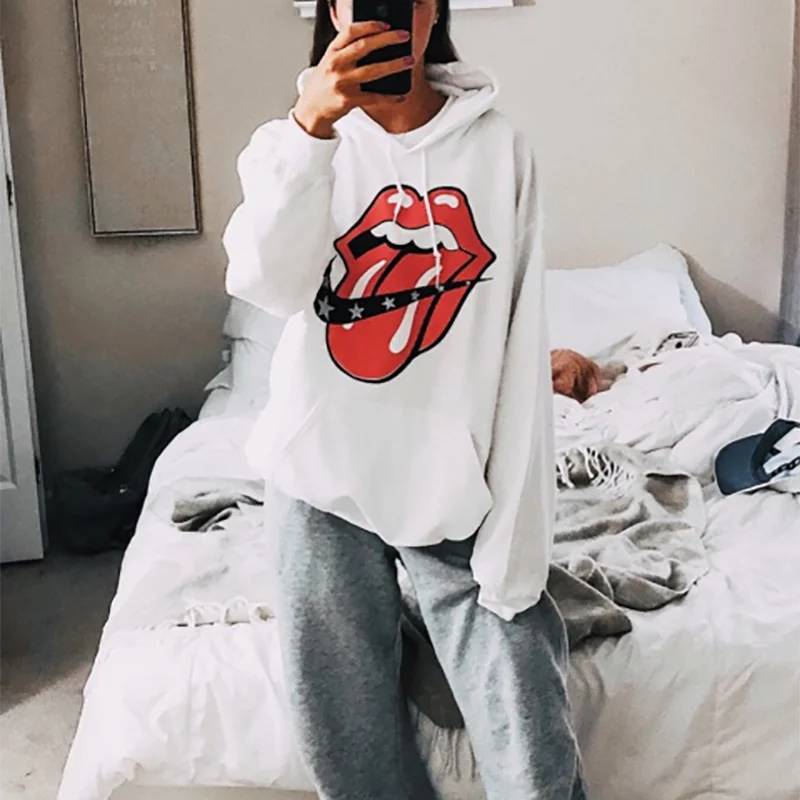 Женская толстовка модная длинный рукав свободная с капюшоном большим ртом