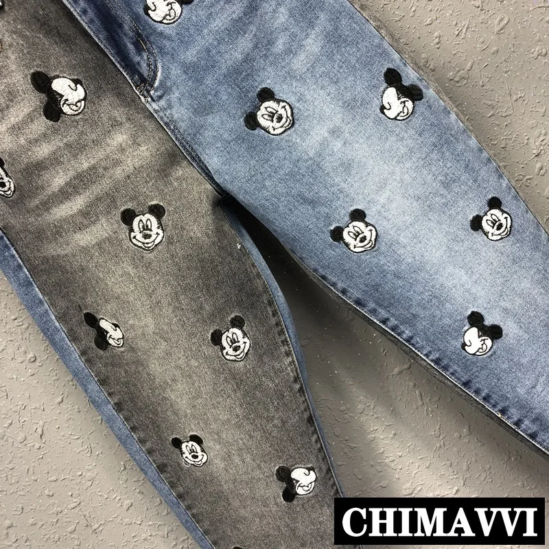 

Mickey Embroidered Denim Pants Women's Cartoon Mouse Harem Pants 2020 Spring New High Waist Mixed Colors Jeans Trousers