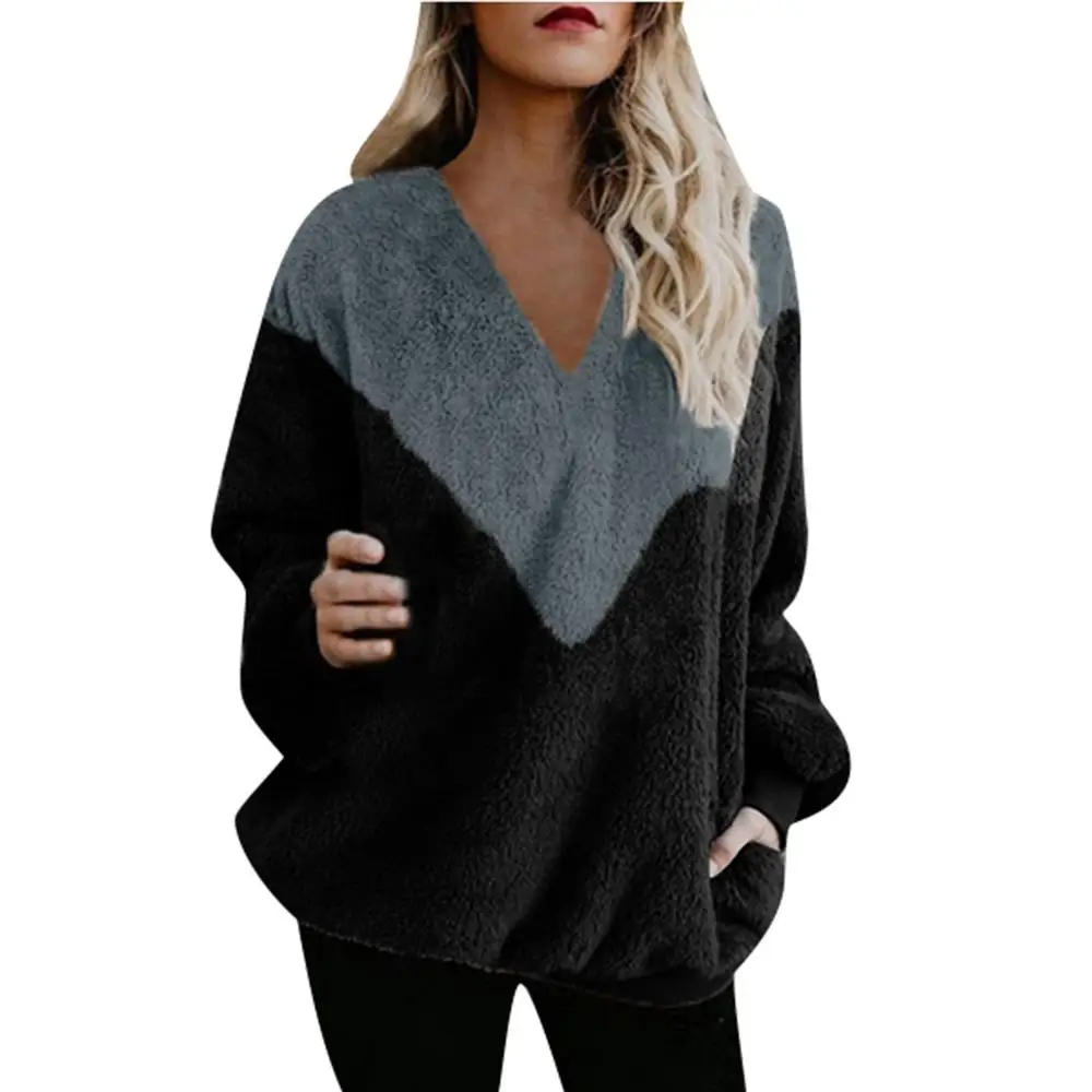 

Women T-shirt Sports Casual Long Sleeve Faux Fur T shirt with Pockets Autumn Femme Ladies Loose Sexy V-neck Tshirt
