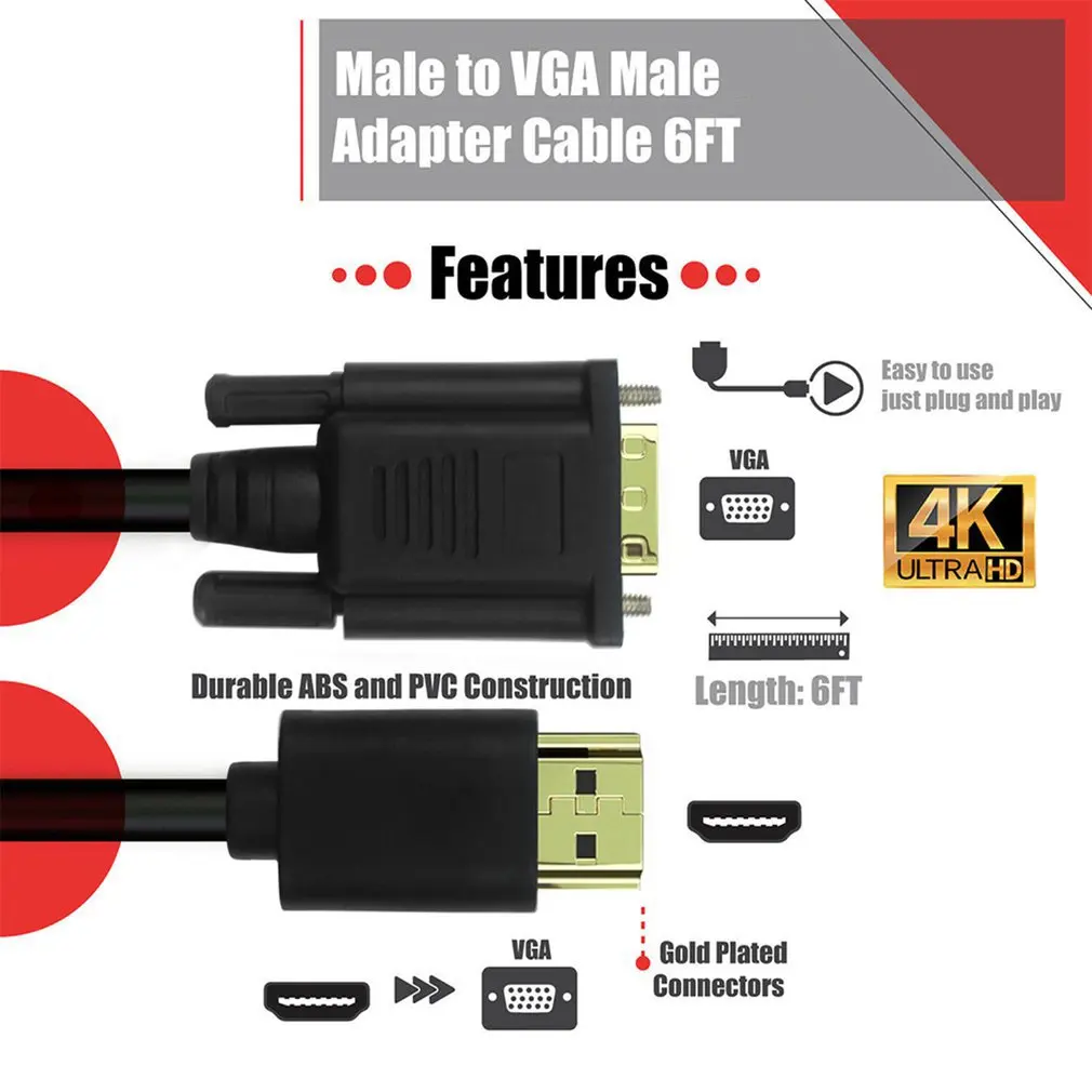

HDMI To VGA Cable Audio And Video 1.8 M Drive Free Full System Compatibility Display Projector Connector