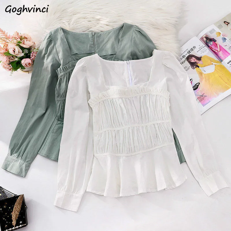 

Shirts Women Square Collar Ruffles Solid Full Sleeve Retro Elegant Slim Fashion Korean Style Chic Soft Daily Female Hot Sale New