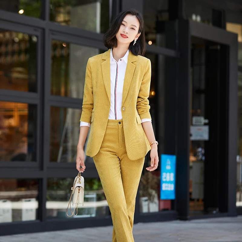 

Fashion Pantsuits Women Pant Suits Blazer and Jackets Sets Office Ladies Business Work Clothes OL Styles Yellow