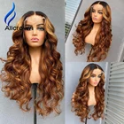ALICROWN эффектом деграде (переход от темного к T-часть Волнистые Синтетические волосы на кружеве парики из натуральных волос Выбеленные узлы бразильский-Реми кружевные парики предварительно вырезанные для Для женщин