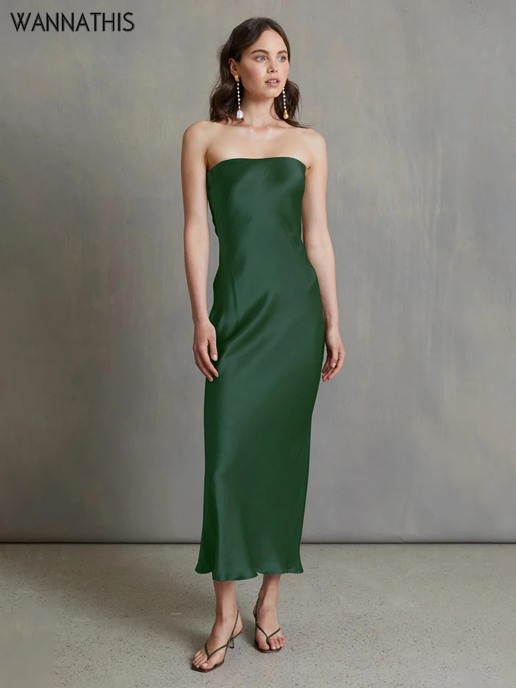 

WannaThis Women Hollow Out Sexy Satin Dress Sleeveless Summer Tube Elegant Fashion Prom Green Dresses Long Luxury 2021 Wedding