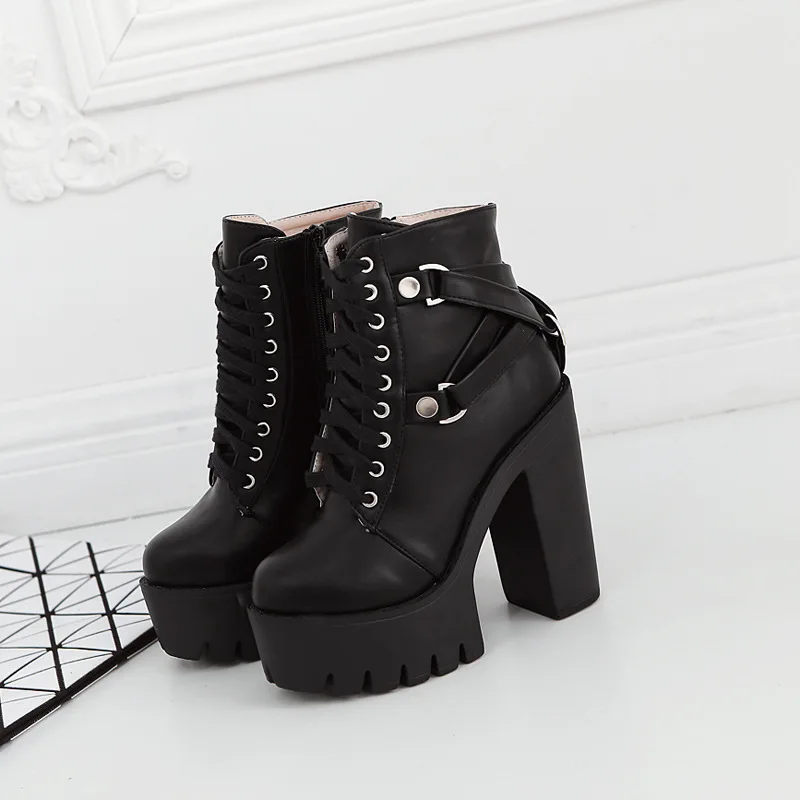 

Fashion Black Boots Women Heel Spring Autumn Lace-up Soft Leather Platform Shoes Woman Party Ankle Boots High Heels Punk