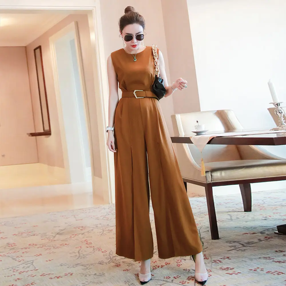 Summer Fashion Female Elegant Loose sleeveless Jumpsuit with belt office lady wide leg Trousers Women  Long Pants Overalls