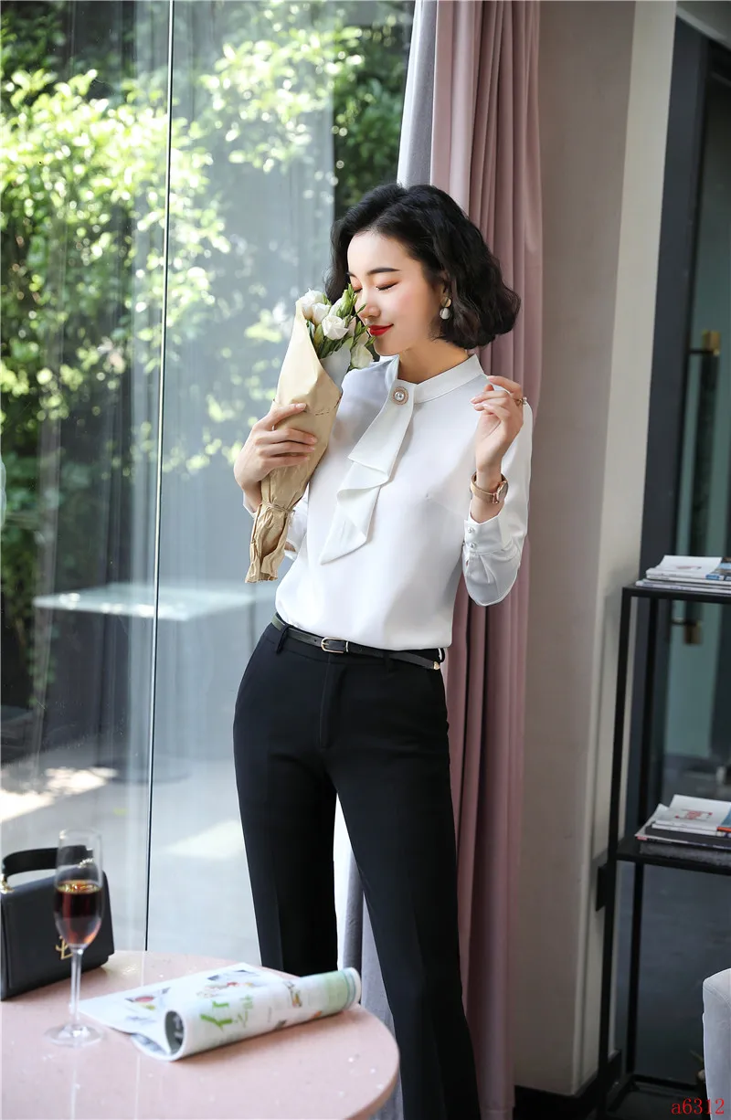Новинка 2020 женские блузки и рубашки с галстуком белые брюки топ из 2 предметов