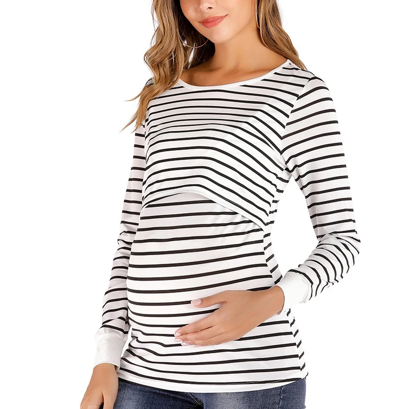 

Maternity T Shirt Women Mom Pregnant Nursing Baby Long Sleeve Striped Tops Breastfeeding T Shirt