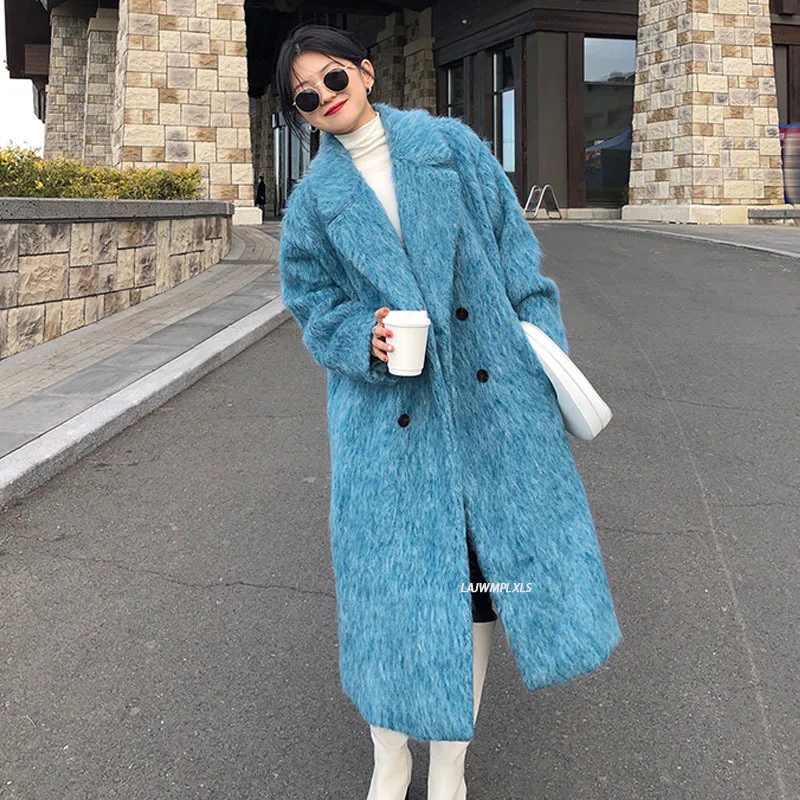 

2021 New Winter Elegant Over Knee Style Korean Turn-down Collar Long-sleeved Solid Color Straight Minimalist Woolen Overcoat