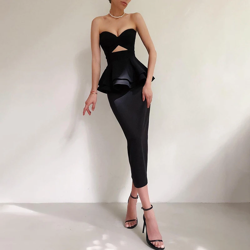 

Sesidy 2022 Women Strapless Black Bandage Dress Sexy Hollow Out Backless Elegant Club Evening Partyale Outfits Dresses