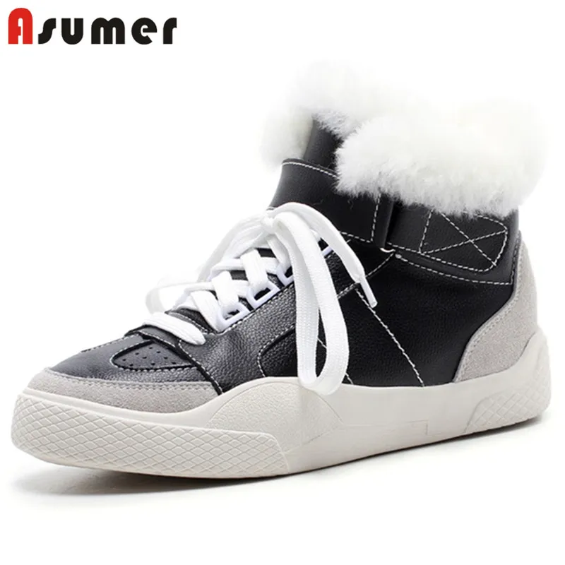 Женские ботильоны на меху ASUMER зимние теплые из натуральной кожи шнуровке плоской