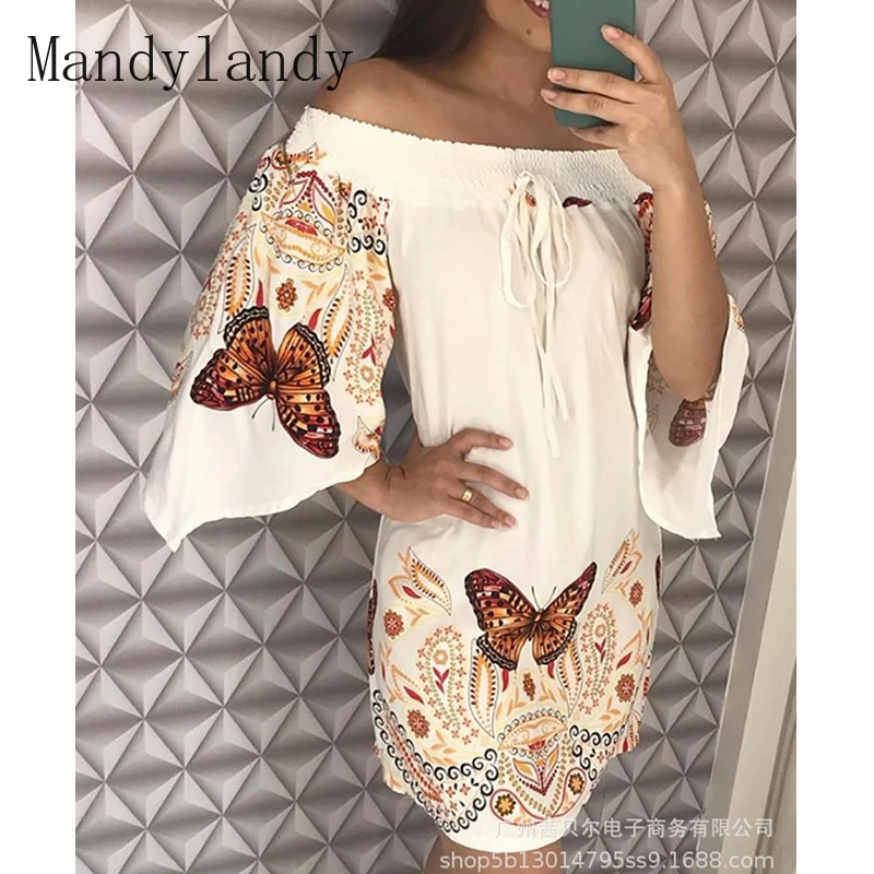 

Летнее модное платье Mandylandy с принтом бабочки, вырезом лодочкой и открытыми плечами, женское повседневное свободное платье на шнуровке с рас...