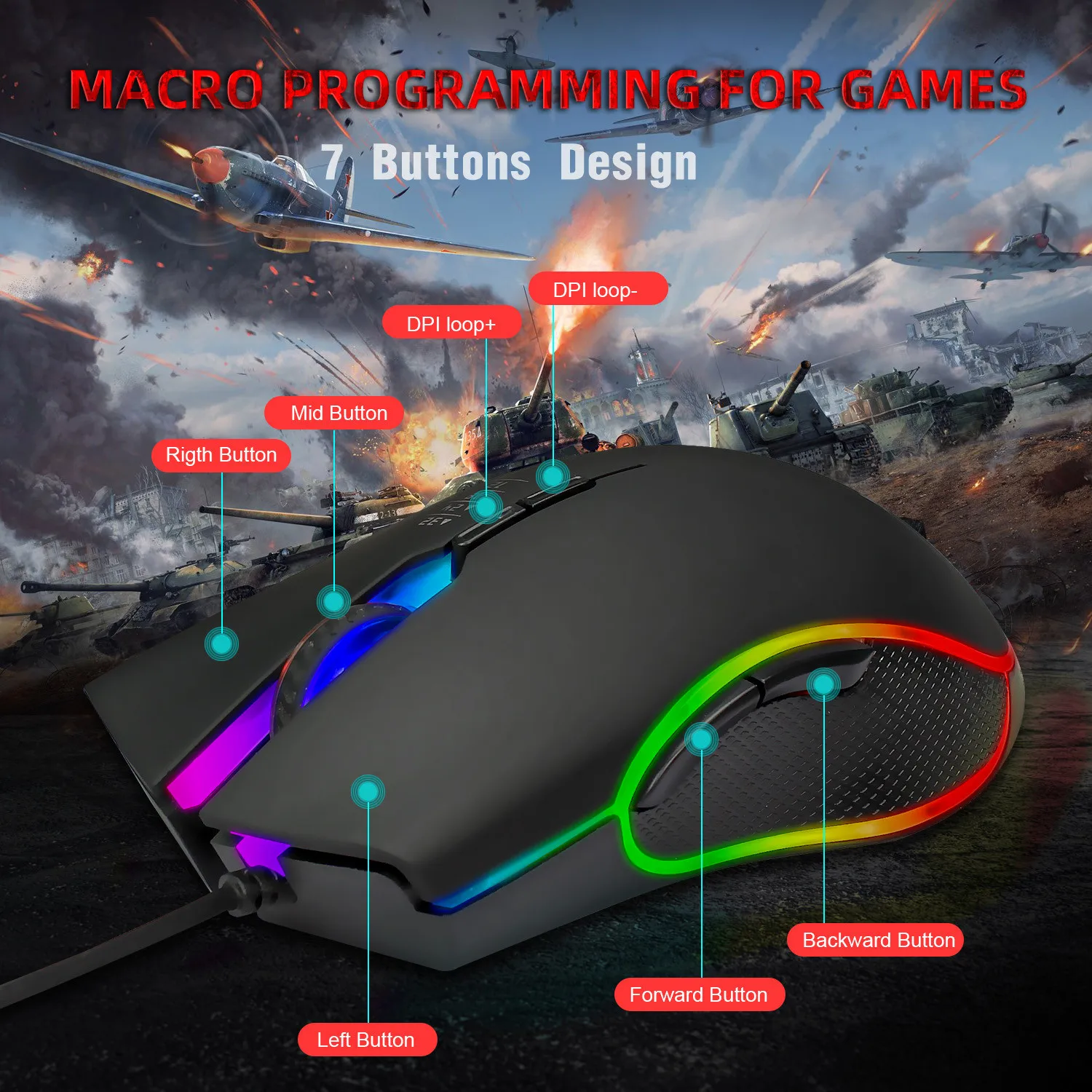 

4 Color Wired Mouse Rgb Lighting Define The Game Usb Wired 3200dpi Adjustable Gaming Mouse Mice Gamer Laptop Computer 7 Buttons
