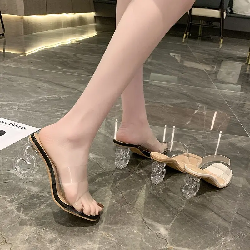 

Med Glitter Slides Shoes Woman 2021 Transparent Slippers Heeled Mules Fashion Pantofle Jelly High Luxury New Soft Summer Rome PU