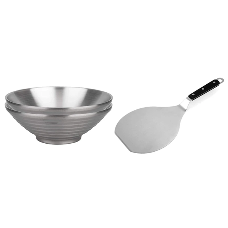 

Promotion! 2 Piece Double Wall Bowls SUS304 Stainless Steel Salad Bowl Serving Bowl with Stainless Steel Wide Spatula Turner