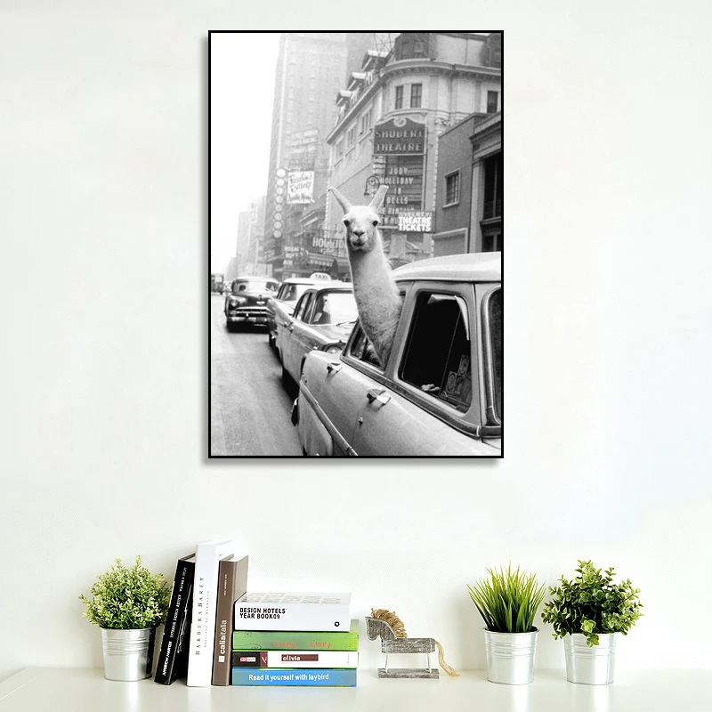 

Funny Alpaca Llama in a New York City Taxi Canvas Painting Animal Prints ans Posters Wall Art Pictures for Living Room
