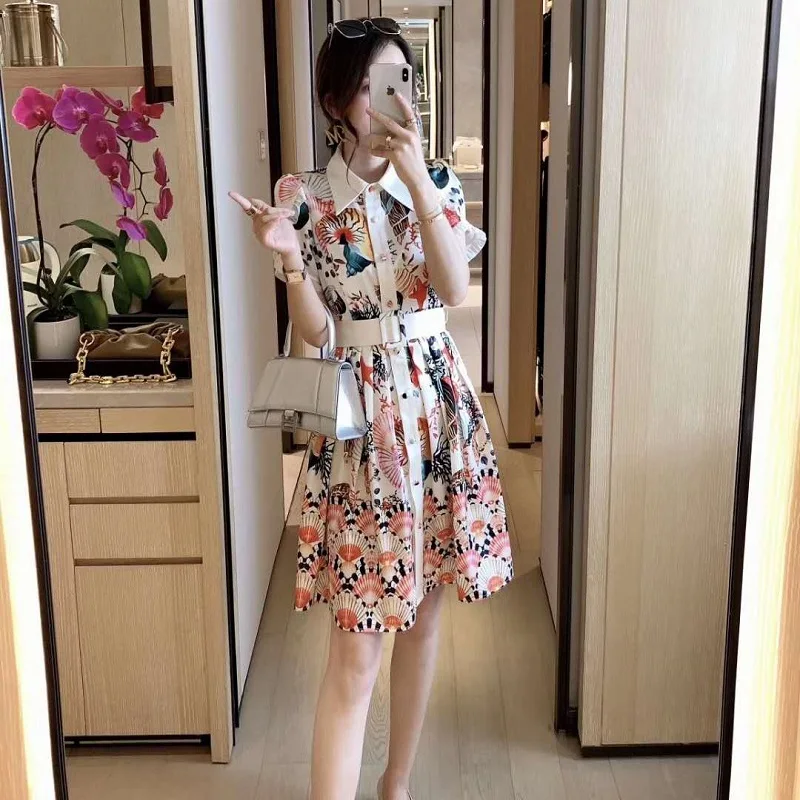 Женское летнее платье-рубашка с отложным воротником Изысканная туника цветочным