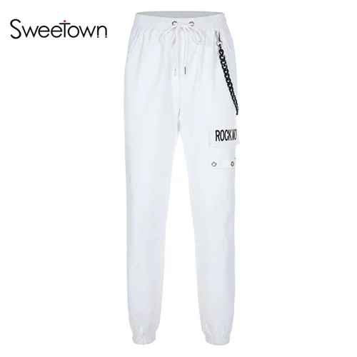 white Sweetown черные уличные брюки-карго женские белые эластичные брюки на шнурке С Высокой Талией Модные Хиппи шаровары с металлической цепочкой - Цвет: white
