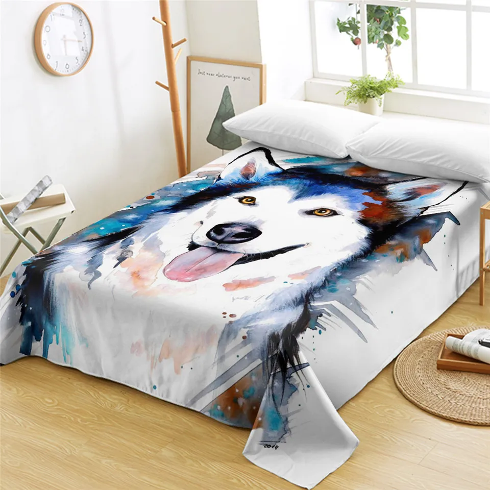 Постельное белье Husky by Pixie Cold Art с животным принтом, плоский лист, акварельные покрывала с милой собачкой для домашних животных, голубое, белое постельное белье, 1 шт. queen