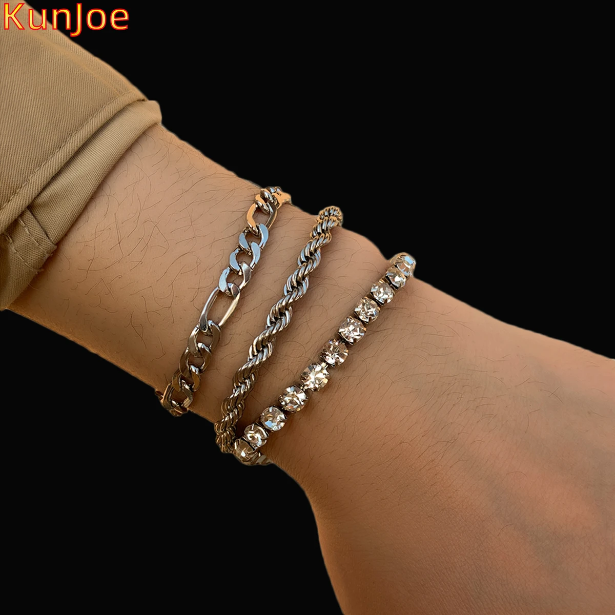 

KunJoe Shiny Crystal Bracelet For Women Luxury Style 3pcs Cubic Zirconia Silver Color Chain Bracelets New Fashion Jewelry Gift