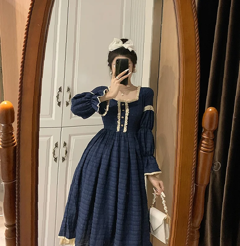 

2021 Spring Autumn Women Elegant Vintage Dress England Style Navy Blue Patchwork Loose Dress Cute Kawaii Sweet Lolita Midi Dress